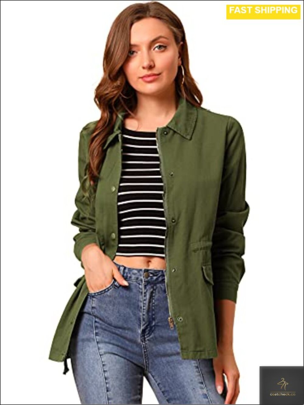 Allegra K Women's Utility Jacket Zip Up Drawstring Waist Coat with Pockets